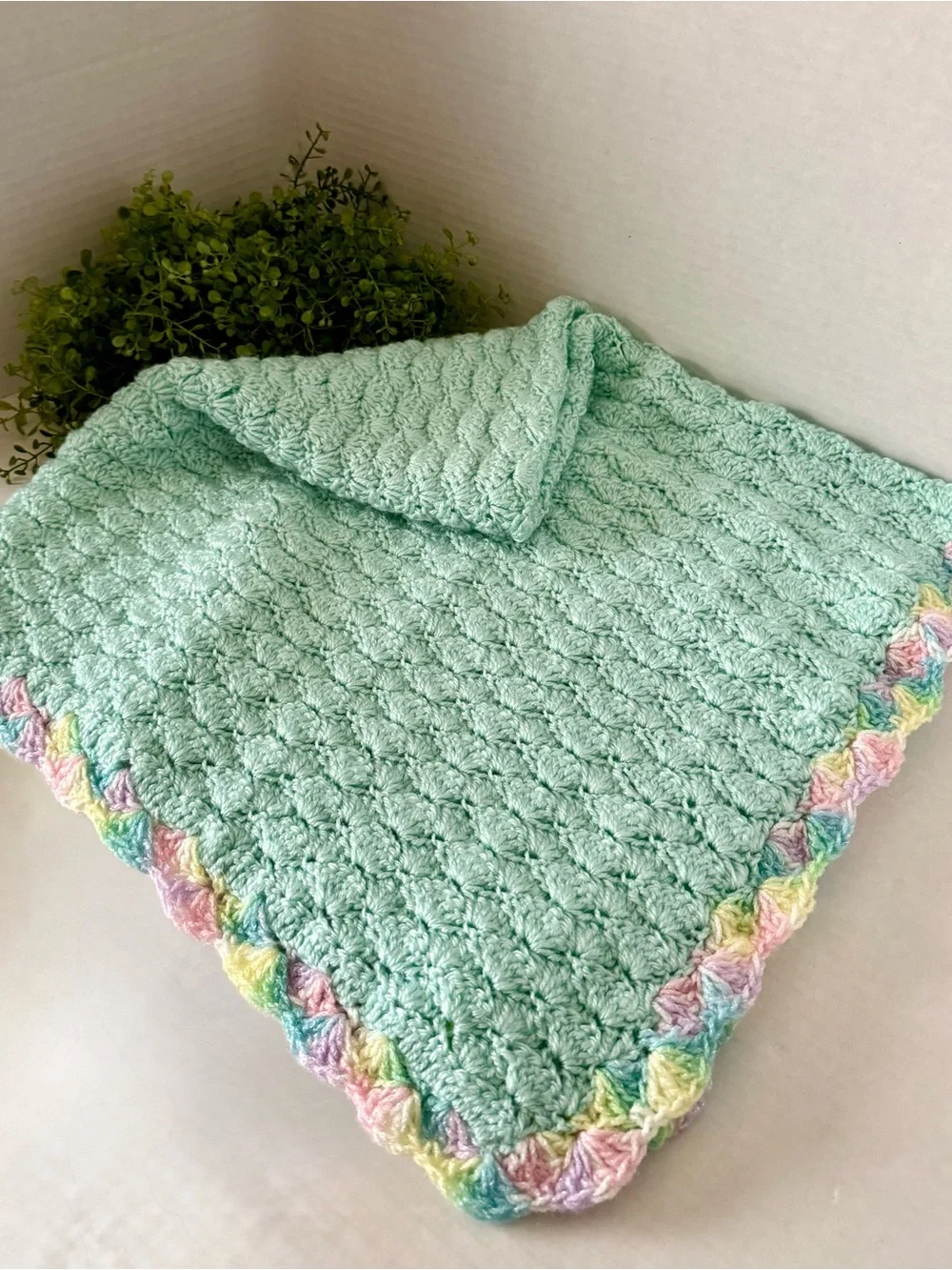 Handmade Crochet Blanket in Mint with Pastel Shell Border